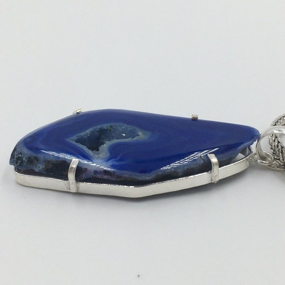 Gorgeous Blue AGATE SLICE Quartz Crystal GEODE Sterling Silver Set PENDANT, NEW - Picture 2 of 7